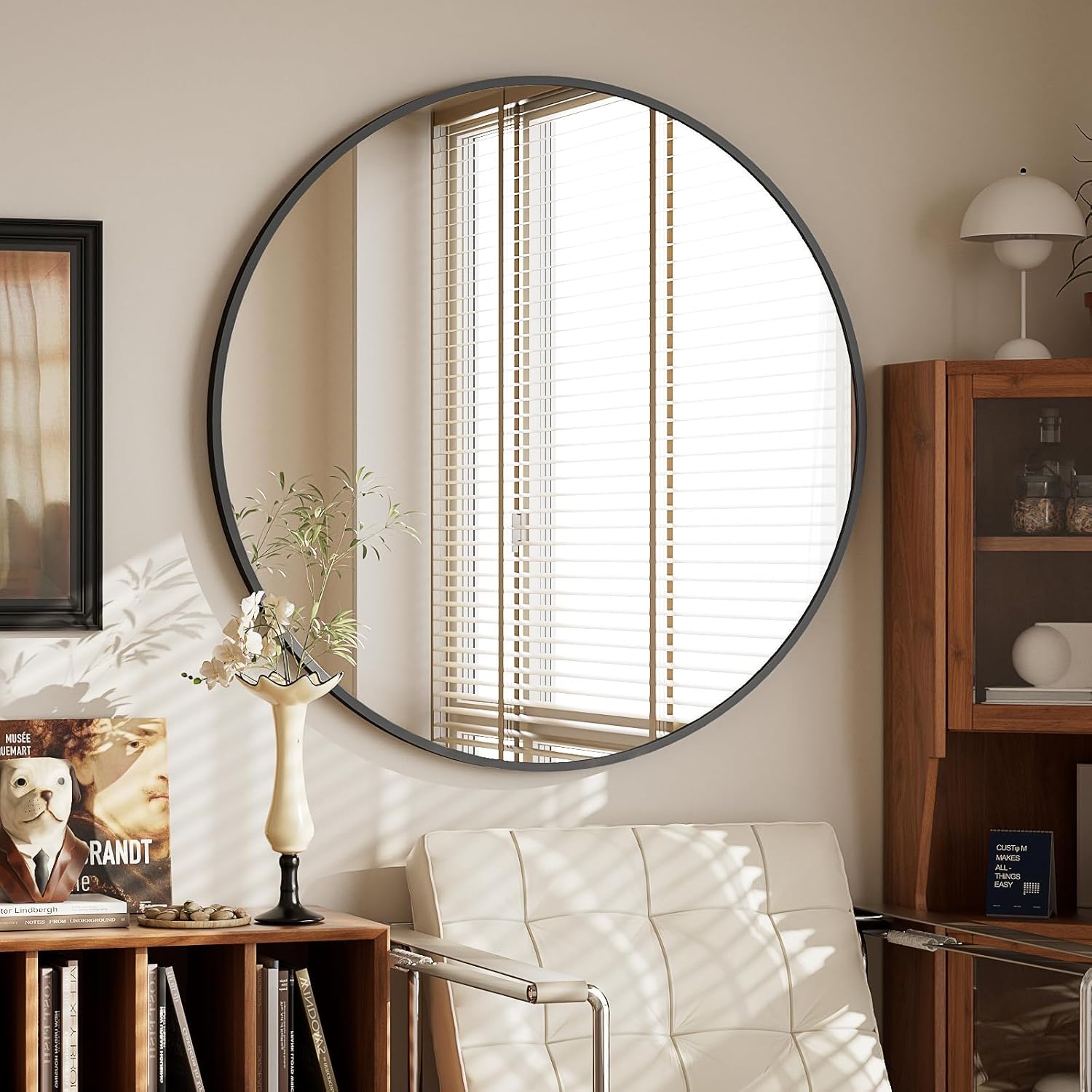 BEAUTYPEAK miroir mural rond 76 cm noir cadre aluminium décoratif salon chambre